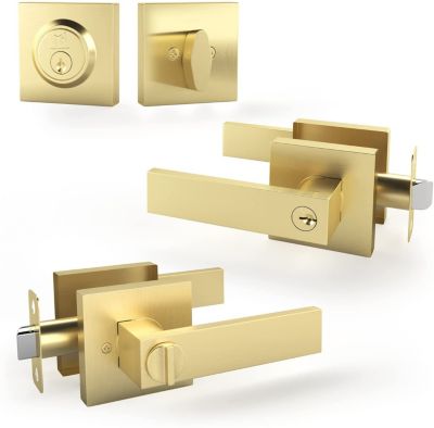 Entry Lever Door Handle and Single Cylinder Deadbolt Lock and Key Combo Pack - Heavy Duty Square Locking Lever Set for Left or Right-Handed Doors - Interior/Exterior Door Levers in Satin Brass
