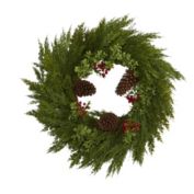 Nearly Natural 26'' Cypress with Berries and Pine Cones Artificial Wreath