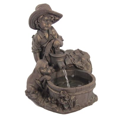 Sunnydaze Outdoor Polyresin Boy with Dog Solar Powered Water Fountain Feature with LED Light - 15" - Light Brown