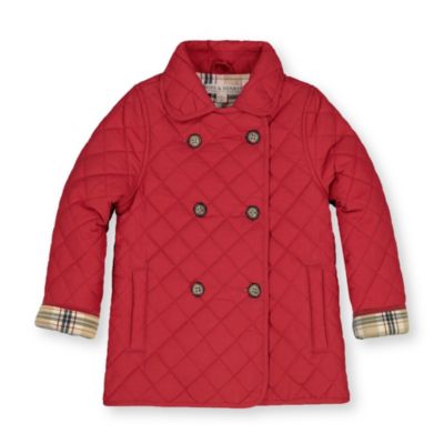 Hope & Henry Girls&#39; Double Breasted Quilted Riding Jacket, Red with Tan Plaid Lining, 4