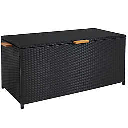 Sunnydaze Indoor/Outdoor Resin Wicker  Storage Box with Acacia Wood Handles - Black