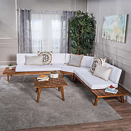 GDFStudio Ellison Indoor Minimalist V Shaped 4 Piece Sandblast Finished Acacia Wood Sectional Sofa Set with White Cushions