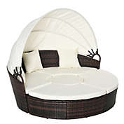 Outsunny 4-piece Cushioned Outdoor Rattan Wicker Round Sunbed or Conversational Sofa Set with Sun Canopy, Beige