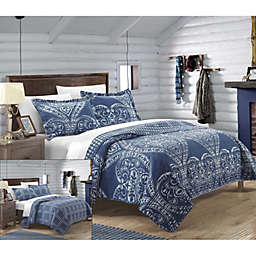 Chic Home Revenna Napoli Reversible Printed Jacquard Bed In A Bag 7 Pieces Quilt Set - Queen 90x90, Navy