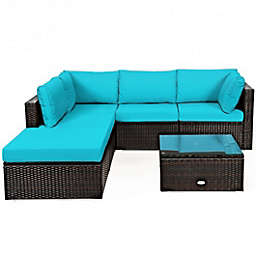 Costway 6 Pieces Outdoor Patio Rattan Furniture Set Sofa Ottoman-Turquoise