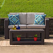 Emma and Oliver Chocolate Brown Faux Rattan Loveseat with Beige Cushions