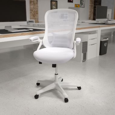 Flash Furniture Porter High Back White Mesh Ergonomic Swivel Office Chair with White Frame and Flip-up Arms. View a larger version of this product image.
