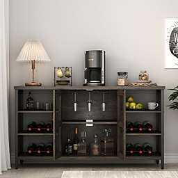 New Space Wine Bar Cabinet for Liquor and Glasses, Rustic Wood Wine Bar Cabinet with Storage , Multifunctional Floor Wine Cabinet for Living Room(55 Inch, Black Gray)