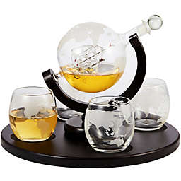Berkware Globe Whiskey Decanter and 4 Cups Set with Wood Base