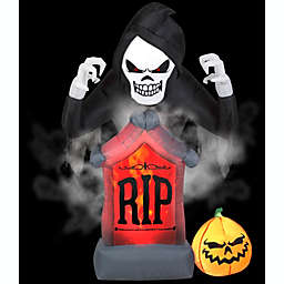 Gemmy Animated Projection Airblown Fog Effect Fire & Ice Shaking Reaper w/ Tombstone and Pumpkin, 6 ft Tall