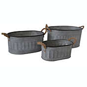 Contemporary Home Living Set of 3 Gray and Brown Oval Galvanized Container with Handle 15.75"