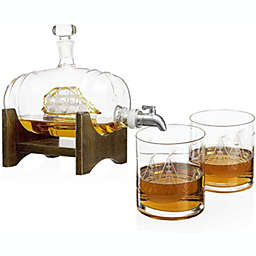 Whiskey Barrel Decanter With Ship With Two Glasses