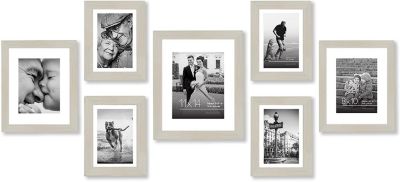 Americanflat 7 Pack Light Wood Gallery Wall Set   Displays One 11x14, Two 8x10, and Four 5x7 inch photos. Shatter-Resistant Glass. Hanging Hardware Included!