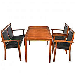 Costway-CA 4 Pieces Patio Rattan Dining Furniture Set with Acacia Wood Frame Chair