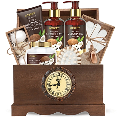 Luxury Bath Gift Set in a Vintage Style Wooden Clock Box - 13 Pc Premium Coconut. View a larger version of this product image.