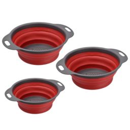 Unique Bargains Collapsible Colander Over The Sink Set, 3 Pieces Silicone Round Foldable Strainer with Handle Space Saving Suitable for Pasta, Vegetables, Fruits - Red 8in 9.4in