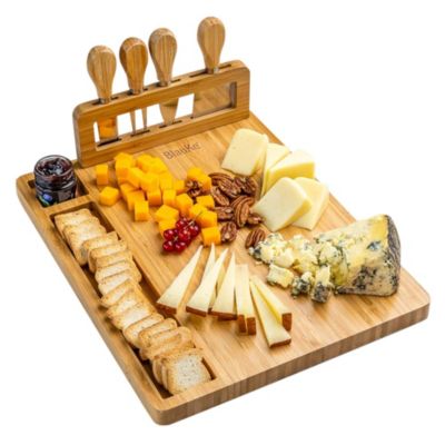 BlauKe Bamboo Cheese Board and Knife Set, Charcuterie Board with 4 Cheese Knives, Serving Platter for Cheese and Treats, Wood Serving Tray