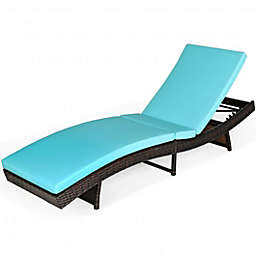 Costway Patio Folding Adjustable Rattan Chaise Lounge Chair with Cushion-Turquoise
