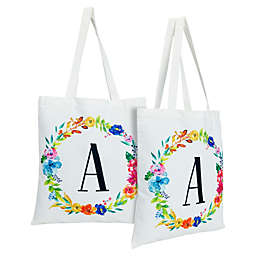 Okuna Outpost Set of 2 Reusable Monogram Letter A Personalized Canvas Tote Bags for Women, Floral Design (29 Inches)