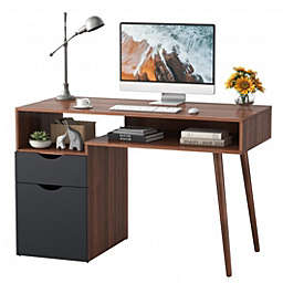 Costway-CA Computer Desk PC Writing Table Drawer and Cabinet with Wood Legs