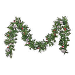 Contemporary Home Living 9' Mixed Spruce Pre-Lit Clear LED Artificial Christmas Garland with Frosted Branches and Red Berries