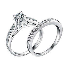 Maya's Grace Womens Silver CZ Crystal Engagement Wedding Ring Band 2 Piece Set