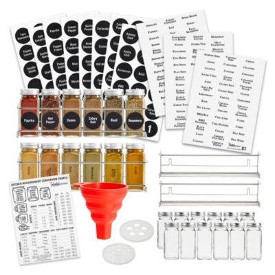 Talented Kitchen 4 Wall Mount Stainless Steel Spice Racks with 24 Empty Square Spice Jars with Lids 4 oz & Clear Minimalist Spice Labels in 2 Prints by Talented Kitchen, Complete Organization Set