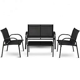 Costway 4 Pieces Patio Furniture Set with Glass Top Coffee Table-Black