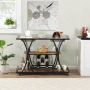 Mh Furniture Industrial Black Bar Serving Cart for home with Wine Rack and Glass Holder