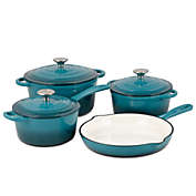 Basque Enameled Cast Iron Cookware Set, 7-Piece Set (Biscay Blue), Nonstick, Oversized Handles, Oven Safe; Skillet, Saucepan, Small Dutch Oven, Large Dutch Oven