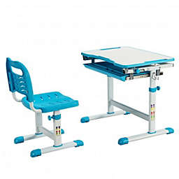 Costway Kids Height Adjustable Desk and Chair Set with Tilted Tabletop and Drawer-Blue