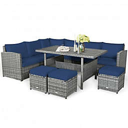 Costway 7 Pieces Patio Rattan Dining Furniture Sectional Sofa Set with Wicker Ottoman-Navy