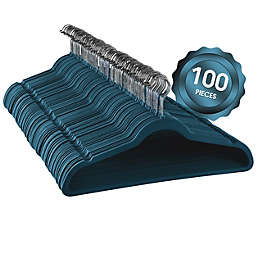 Elama Home 100 Piece Velvet Slim Profile Heavy Duty Felt Hangers with Stainless Steel Swivel Hooks in Blue