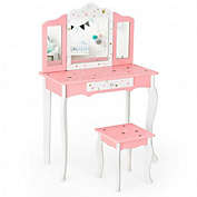 Costway Kids Vanity Princess Makeup Dressing Table Chair Set with Tri-folding Mirror-Pink