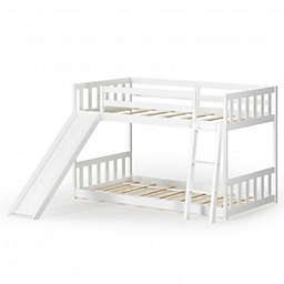 Costway Twin over Twin Bunk Wooden Low Bed with Slide Ladder for Kids-White