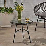 GDFStudio Rodney Outdoor Woven Faux Rattan Side Table with Glass Top
