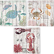 Metaverse Art Sea Turtles, Crabs & Lobsters on Driftwood Panel by Cora Niele 14-Inch x 14-Inch Canvas Wall Art (Set of 3)