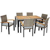 Sunnydaze Outdoor Rattan and Acacia Wood Patio Dining Furniture Set with Table, Chairs, and Seat Cushions - Stone Gray - 7pc