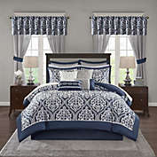 Gracie Mills Essentials Jordan Room in A Bag Faux Silk Comforter Luxe All Season Down Alternative Bed Set with Bedskirt, Matching Curtains, Decorative Pillows, Cal King, Navy 24 Pieces