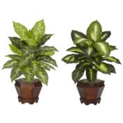 Nearly Natural Set of 2 Artificial Silk Dieffenbachia Plant with Wood Vase 20.5"