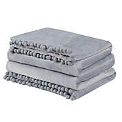 PiccoCasa Flannel Blanket W Pompom Fringe Plush Blankets, Super Soft Fuzzy Cozy Flannel Blanket for Couch Sofa Bed, Full/Queen(78"X90"), Gray