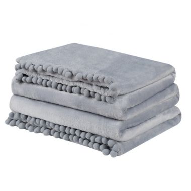 PiccoCasa Flannel Blanket W Pompom Fringe Plush Blankets, Super Soft Fuzzy Cozy Flannel Blanket for Couch Sofa Bed, Full/Queen(78"X90"), Gray. View a larger version of this product image.