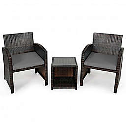 Costway 3 Pieces PE Rattan Wicker Furniture Set with Cushion Sofa Coffee Table for Garden-Gray