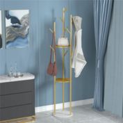 Infinity Merch Modern Metal Coat Rack Free Standing Hat Hanger 9 Hooks 2 Storage Gold
