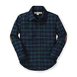 Hope & Henry Boys' Brushed Cotton Button Down Shirt (Green & Blue Plaid With Elbow Patches, 3-6 Months)