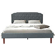 Slickblue Upholstered Bed Frame with Adjustable Diamond Button Headboard-Queen Size