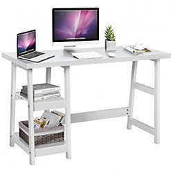 Costway-CA Trestle Computer Desk Home Office Workstation with Removable Shelves-White