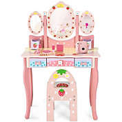 Slickblue Kids Vanity Princess Makeup Dressing Table Chair Set with Tri-fold Mirror-Pink