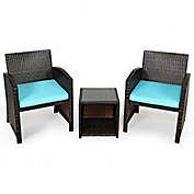 Costway-CA 3 Pieces PE Rattan Wicker Furniture Set with Cushion Sofa Coffee Table for Garden-Turquoise