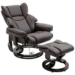 HOMCOM Massage Recliner and Ottoman, PU Leisure Office Chair with 10 Vibration Points, Adjustable Backrest, Side Pocket and Remote Control, for Office, Living Room and Bedroom, Brown